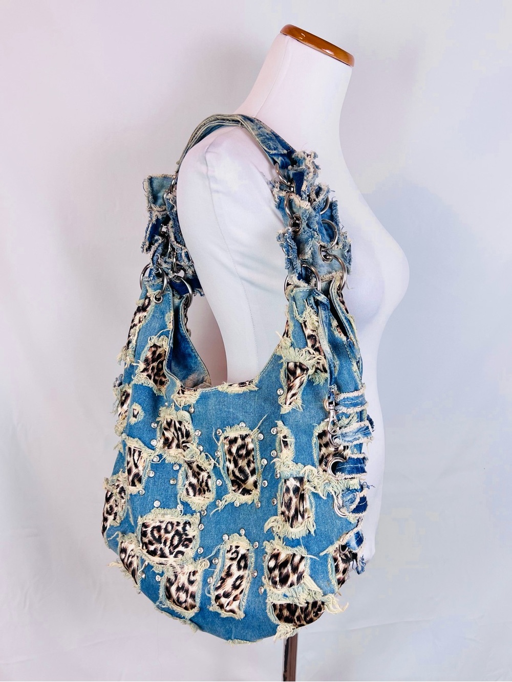 Y2K Frayed Denim Leopard Patch Hobo Bag - Blue